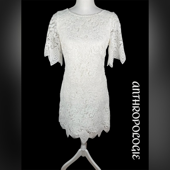 Anthropologie | White Charleston Lace Overlay Mini Scalloped Trim Dress - Picture 3 of 11